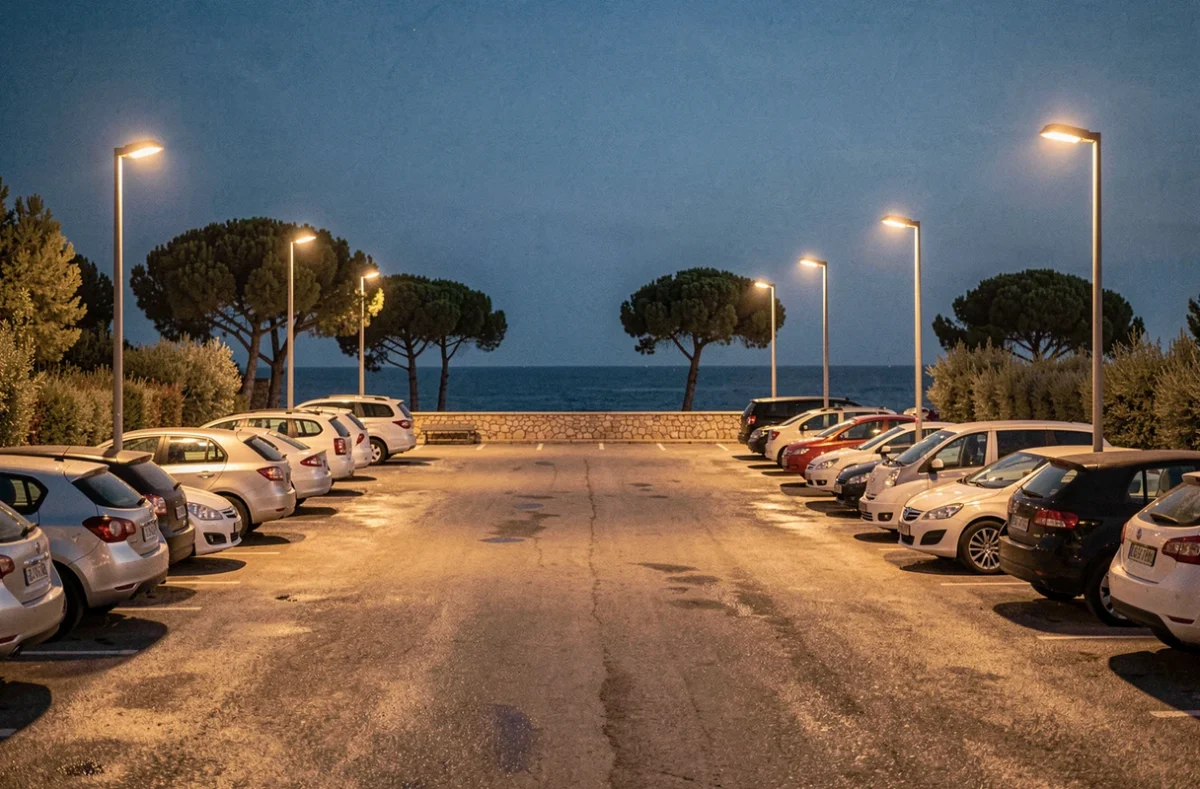 Parking organisé près du port de Porquerolles la nuit avec des voitures garées en rangées sous des lampadaires ambrés