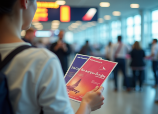 Personne tenant un billet Air France et ChèquesVacances à l'aéroport
