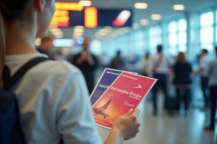 Personne tenant un billet Air France et ChèquesVacances à l'aéroport
