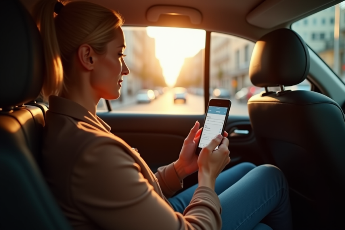 Passager dans un taxi G7 montrant sa réservation sur téléphone