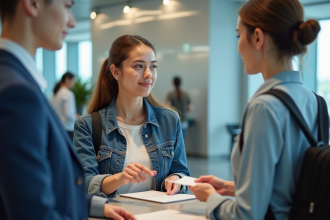 Jeune femme à l'aéroport remettant son passeport