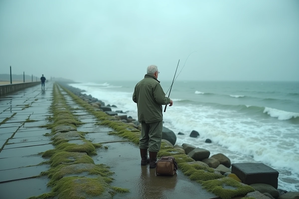 Pêcheur en bottes et veste imperméable sur une jetée rocheuse à Biarritz, canne à pêche tendue vers l'Atlantique lors d'une marée montante