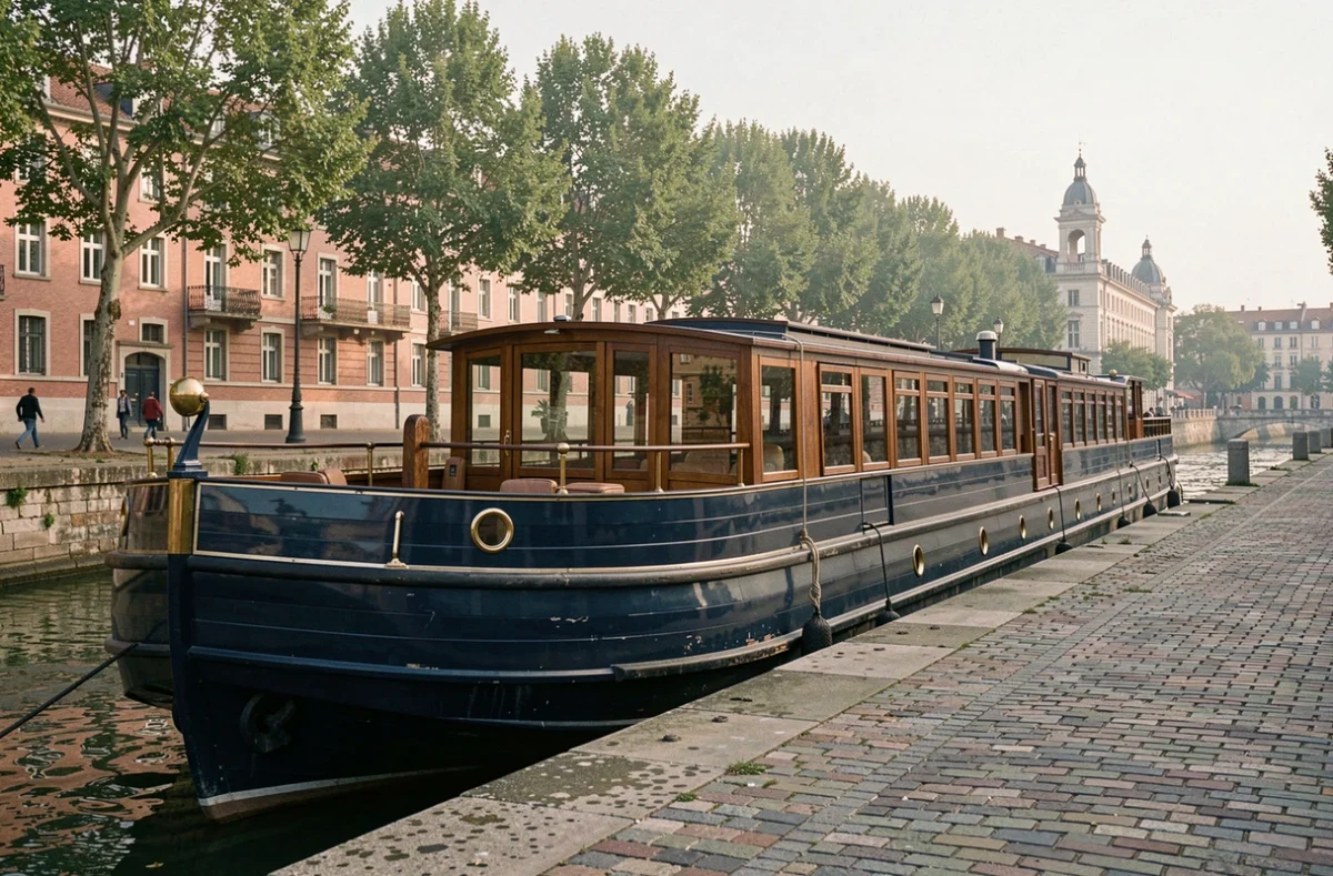 Péniche de croisière amarrée sur les quais de la Garonne à Toulouse avec les façades en briques roses en arrière-plan