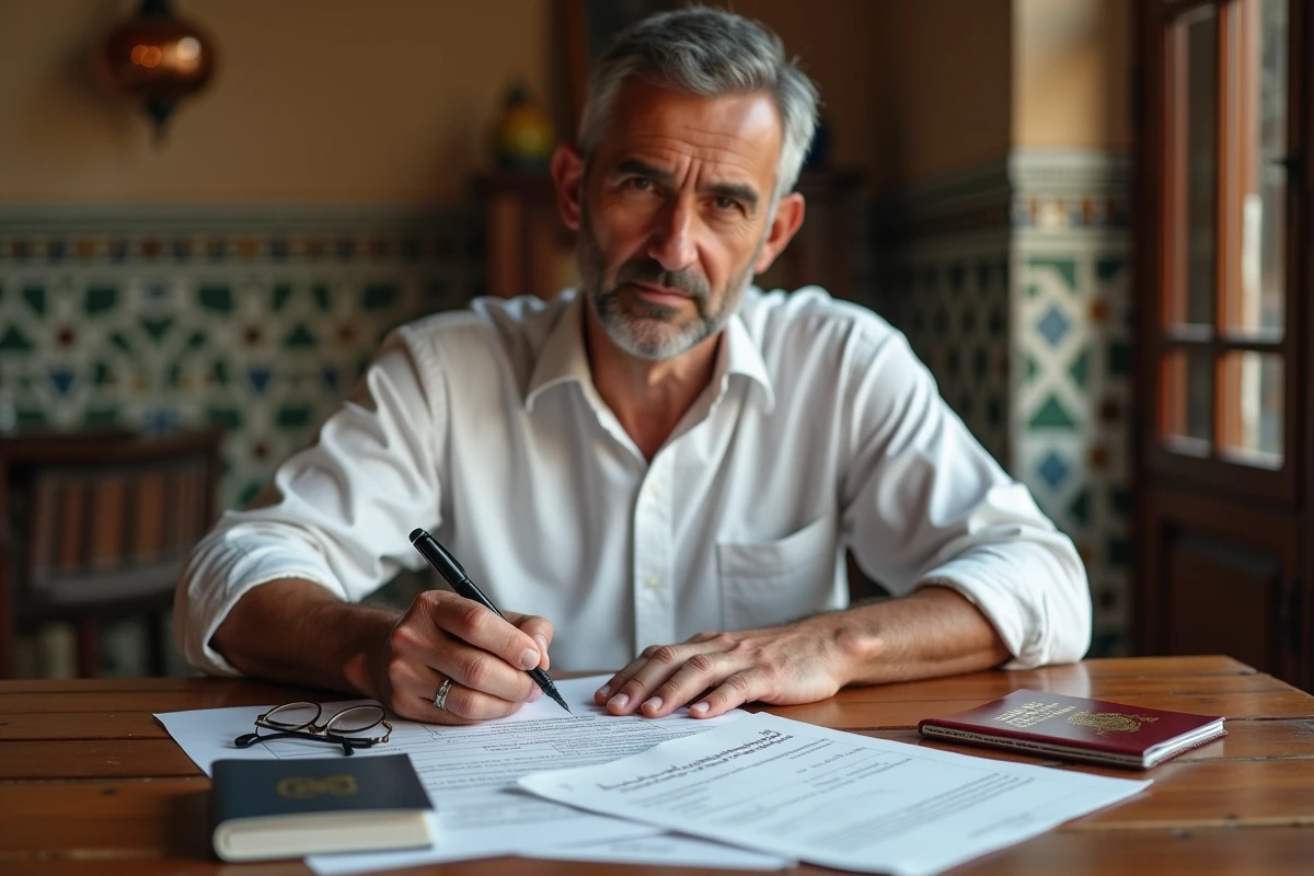 Père marocain signant une autorisation de sortie de territoire pour son enfant mineur à son domicile