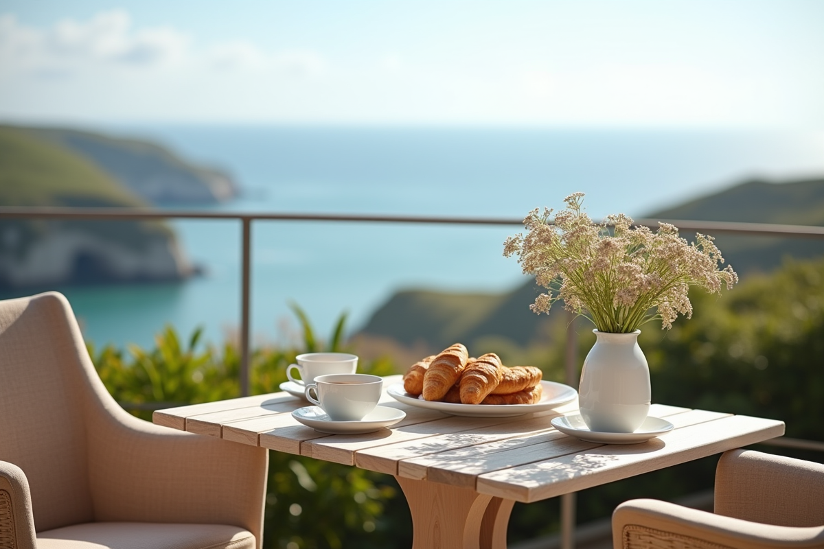 Petit déjeuner sur une terrasse avec vue sur la mer en Normandie