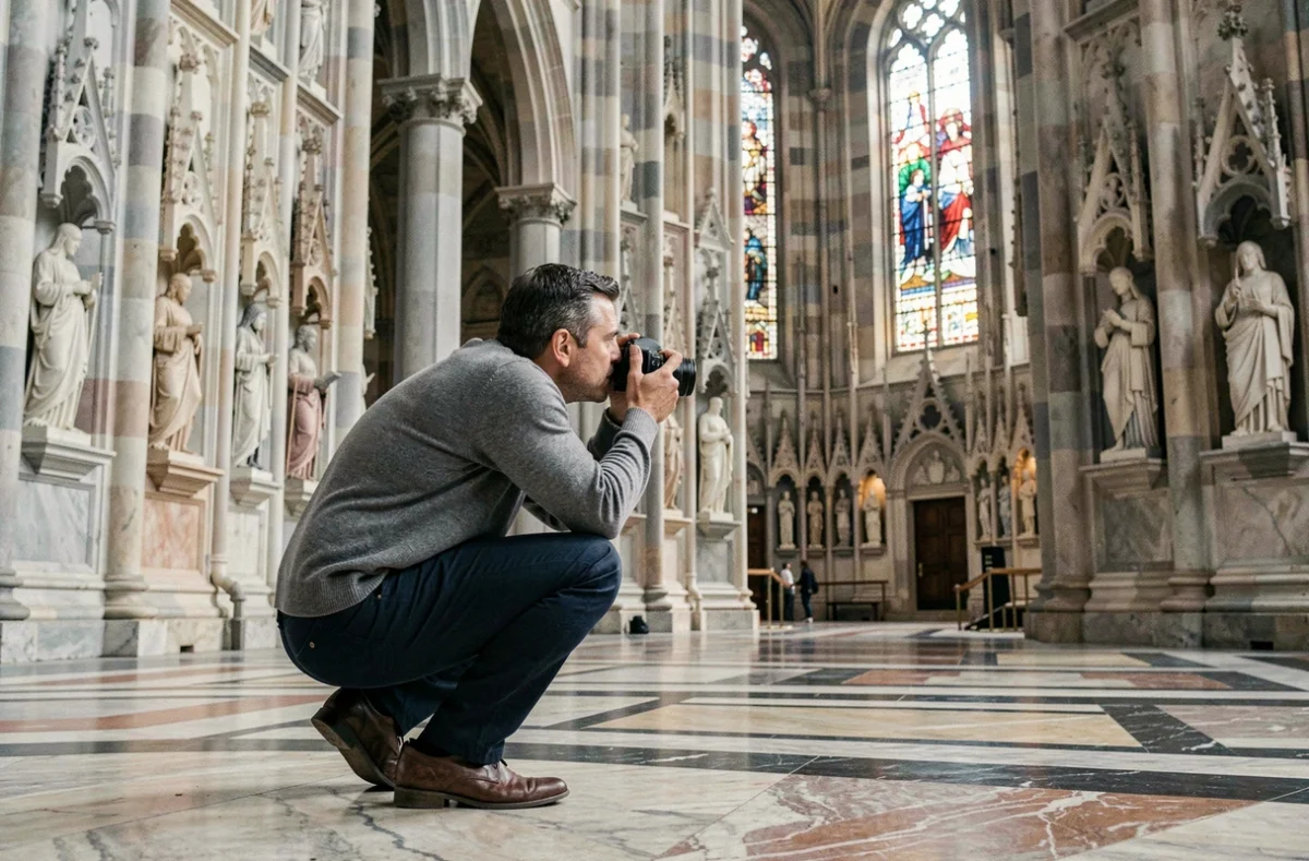Photographe accroupi dans le transept du Dôme de Milan stabilisant son appareil à main levée pour capturer l'architecture gothique