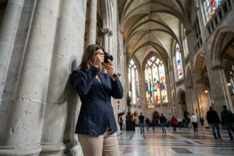 Photographe tenant un appareil photo dans la nef principale du Dôme de Milan, capturant les voûtes gothiques sans trépied