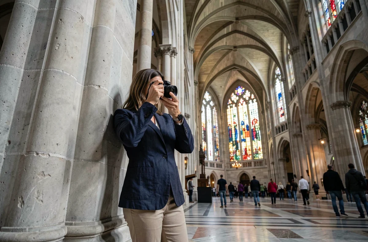 Photographe tenant un appareil photo dans la nef principale du Dôme de Milan, capturant les voûtes gothiques sans trépied