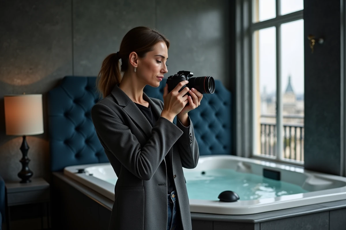 Photographe professionnelle en séance photo dans une suite avec jacuzzi d'un hôtel boutique parisien