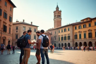 Touristes consultant une carte sur la Piazza del Campo à Sienne, entourés des façades médiévales et de la Torre del Mangia