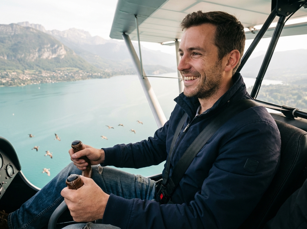 Homme dans un ultralight au-dessus du lac Annecy