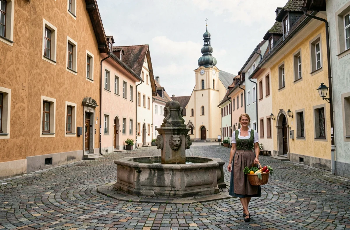 Place du village bavarois avec fontaine en pierre et église à bulbe, femme en dirndl traversant le pavé, Bavière