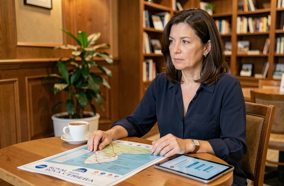 Femme planifiant son itinéraire de croisière Royal Caribbean avec une carte et une tablette dans un café