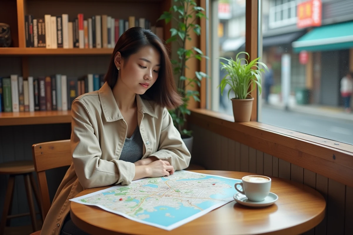 Femme planifiant un road trip urbain à Tokyo dans un café traditionnel avec une carte de la ville
