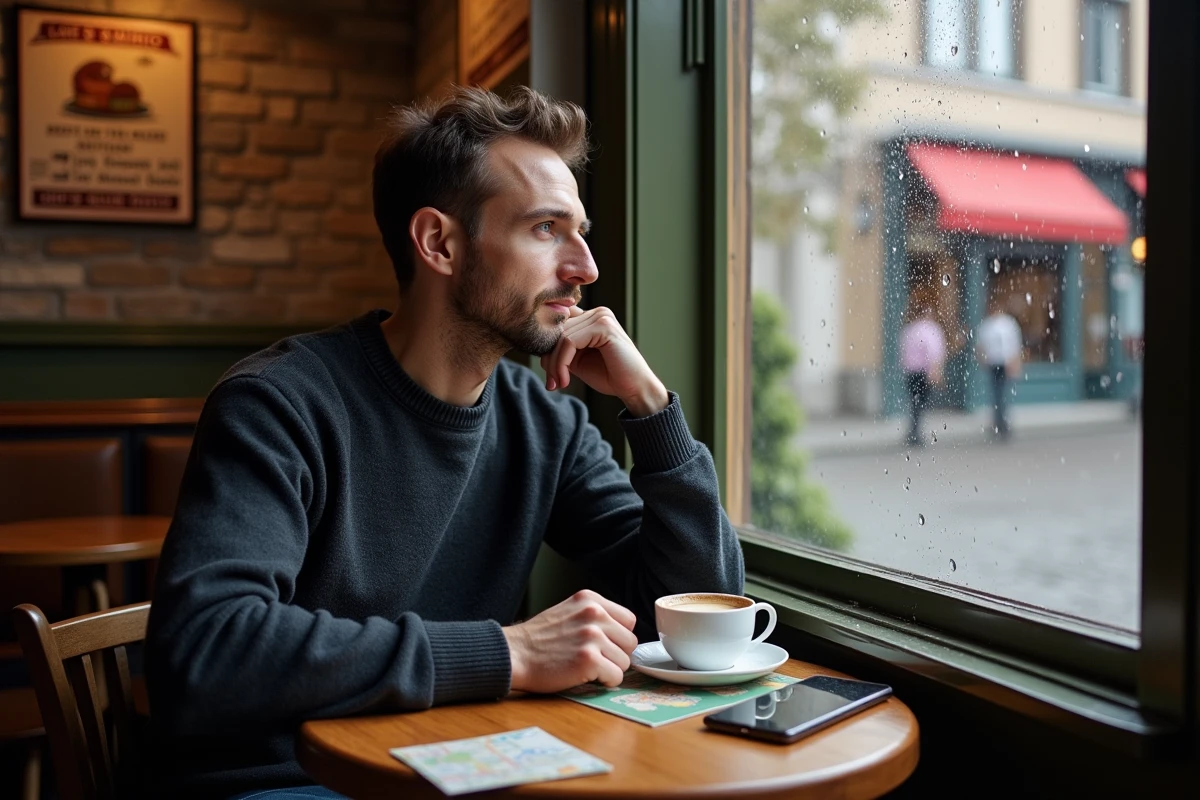 Voyageur planifiant ses visites à Fécamp dans un café normand, avec brochure touristique et carte sur smartphone sur la table