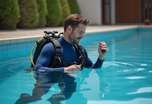 Plongée : Comment vérifier votre lestage idéal pour la plongée sous-marine ? Plongeur homme en combinaison bleue dans une piscine calme