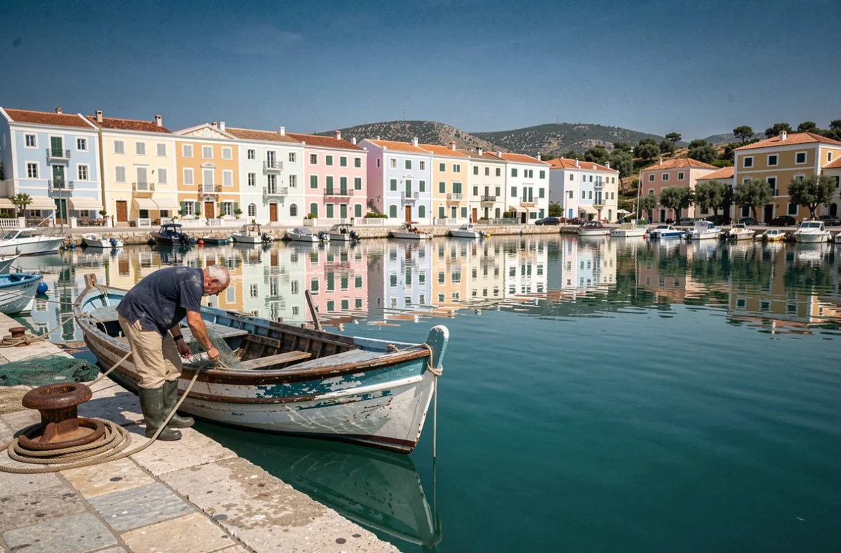 Barque de pêche amarrée dans le port coloré de Halki à Rhodes avec des maisons néoclassiques pastels reflétées dans l'eau turquoise