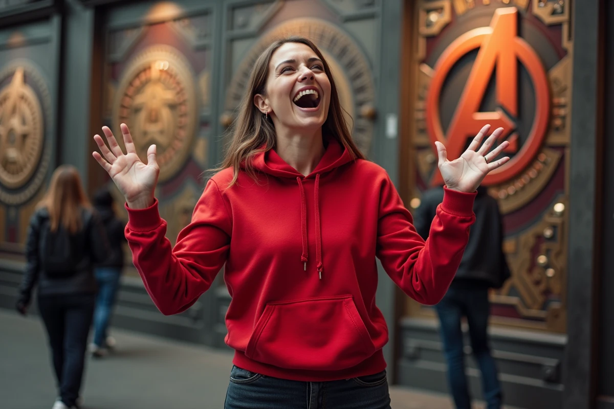 Femme souriante posant devant le décor immersif de l'Avengers Campus au Walt Disney Studios Park