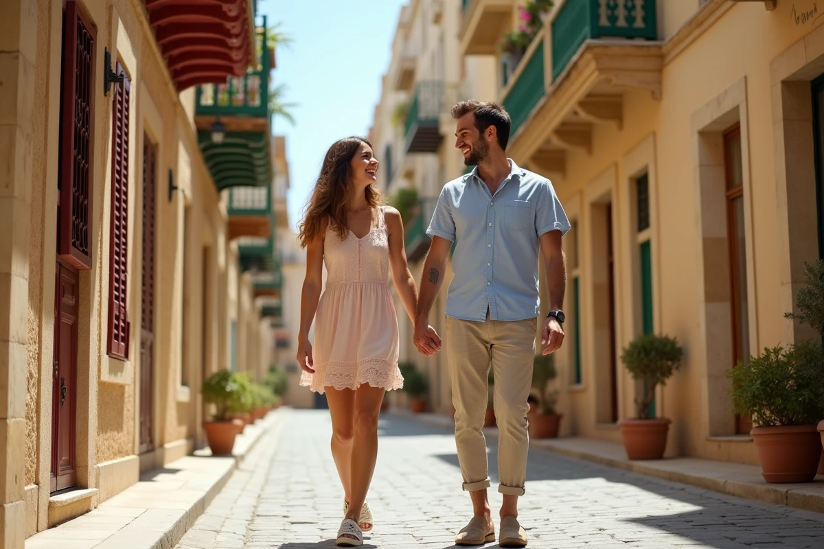 Couple se promenant main dans la main dans une ruelle pavée de La Valette avec les balcons traditionnels maltais colorés