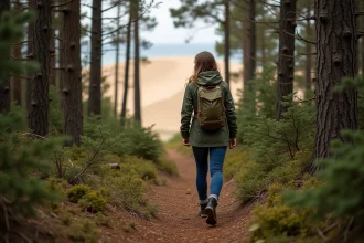 Jeune femme en forêt avec Dune du Pilat en arrière-plan