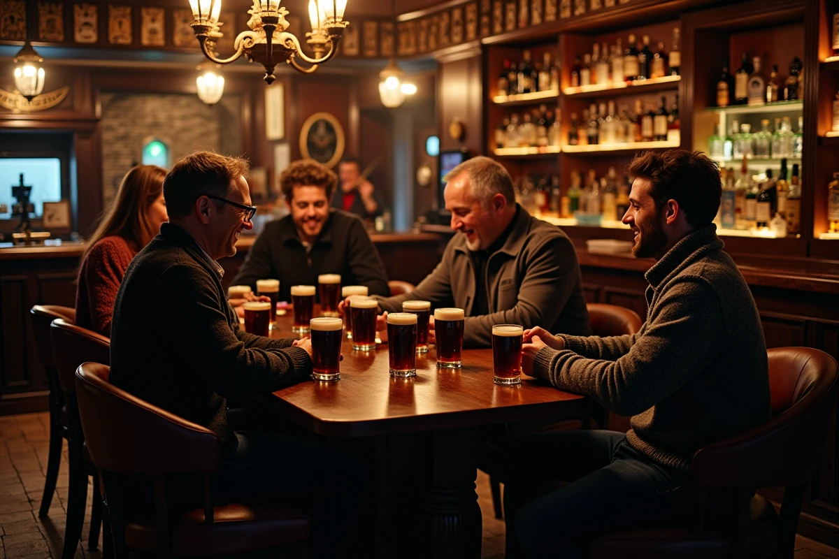 Groupe d'amis attablés dans un pub irlandais traditionnel de Dublin avec pintes de stout, musicien au fond et cheminée allumée