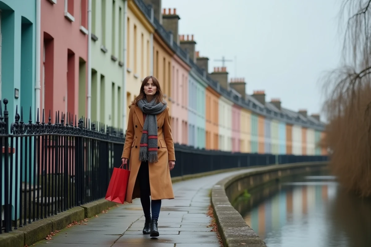 Femme se promenant dans le quartier Portobello de Dublin avec ses maisons victoriennes aux façades pastel et canal en arrière-plan