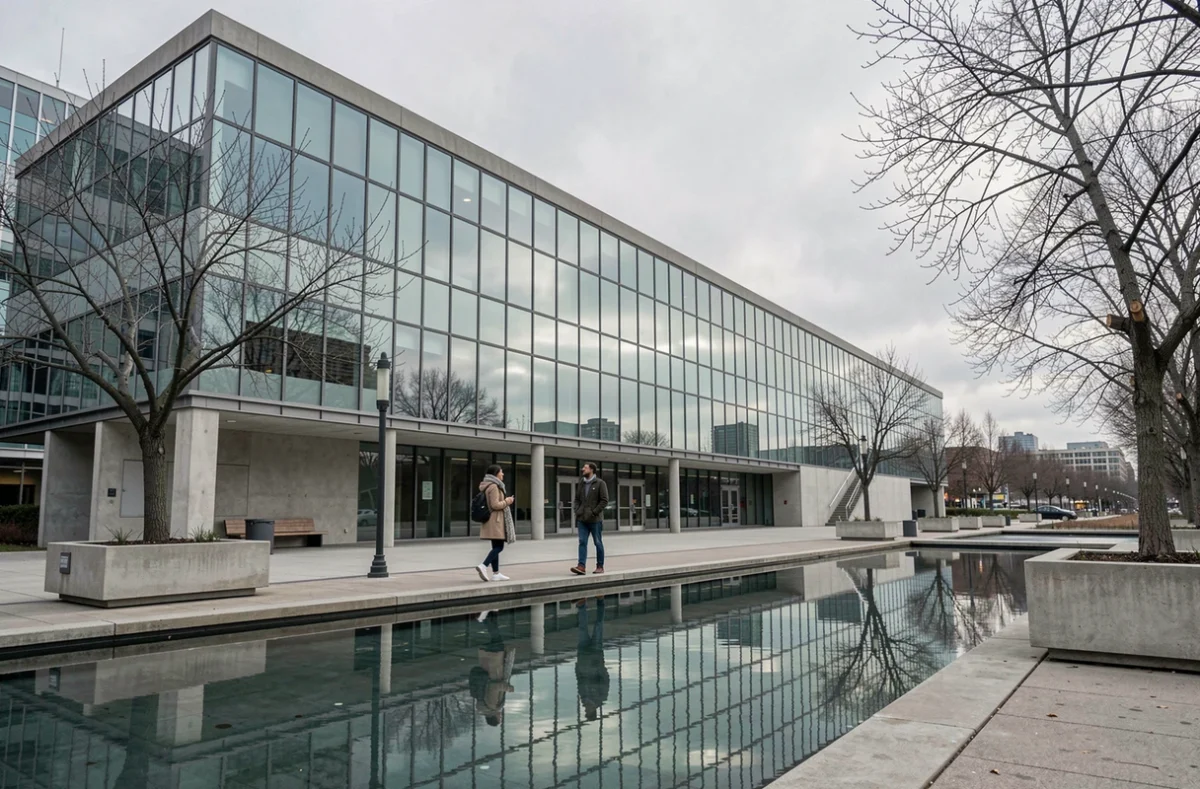 Façade moderniste du Queens Museum avec un bassin réfléchissant dans le parc de Corona à New York