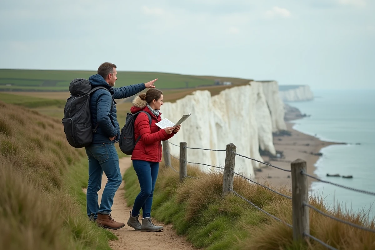 Couple de randonneurs explorant les falaises de Fécamp à pied, vue panoramique sur la Manche et les falaises blanches normandes