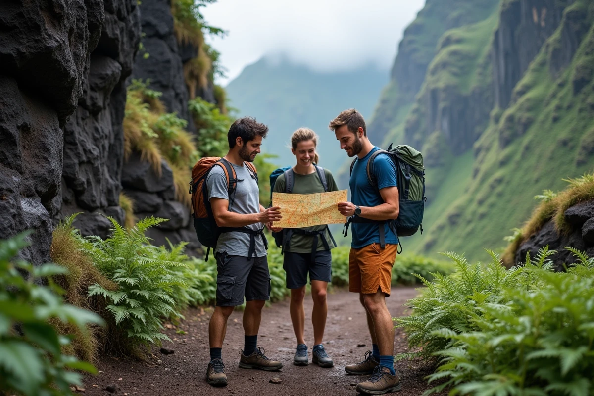 Groupe de randonneurs étudiant une carte dans le Cirque de Mafate à La Réunion, activité nature à petit budget