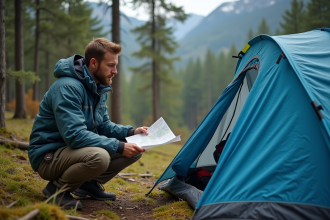Jeune homme lisant une carte près d'une tente en forêt
