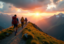 Groupe de randonneurs au lever du soleil en montagne