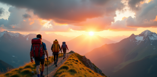 Groupe de randonneurs au lever du soleil en montagne