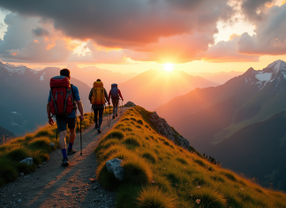 Groupe de randonneurs au lever du soleil en montagne
