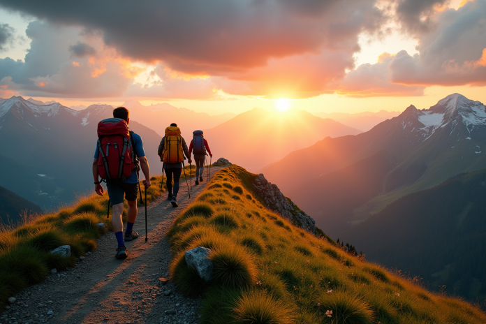 Groupe de randonneurs au lever du soleil en montagne