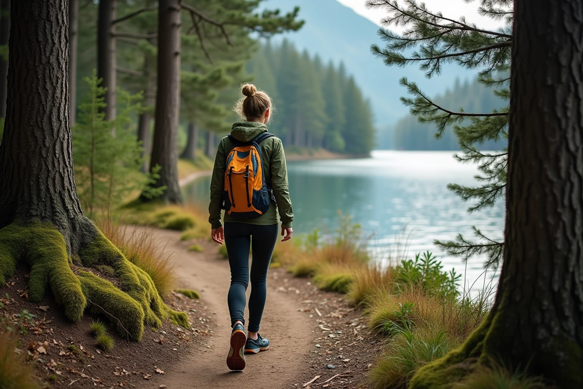 Randonneuse sur le sentier du tour du lac de Gérardmer en forêt vosgienne