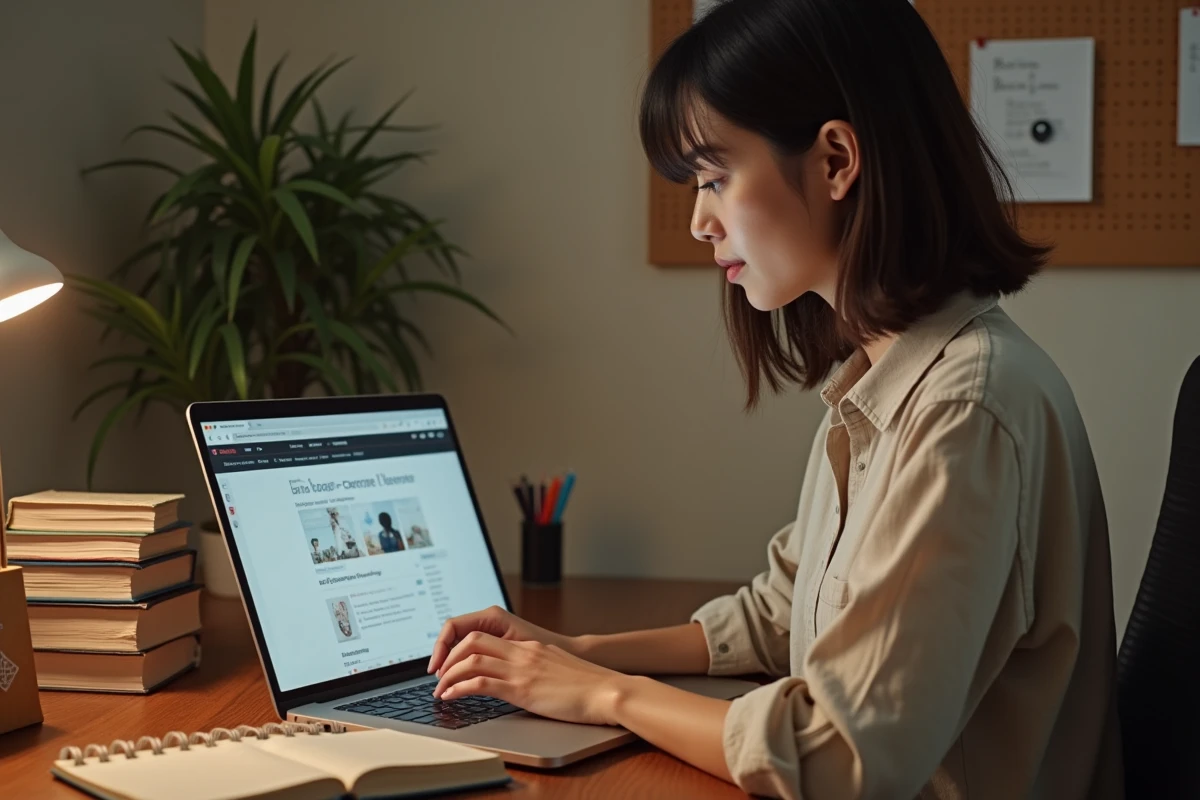 Jeune femme recherchant de nouveaux titres boylove en ligne avec des mangas et des notes sur son bureau