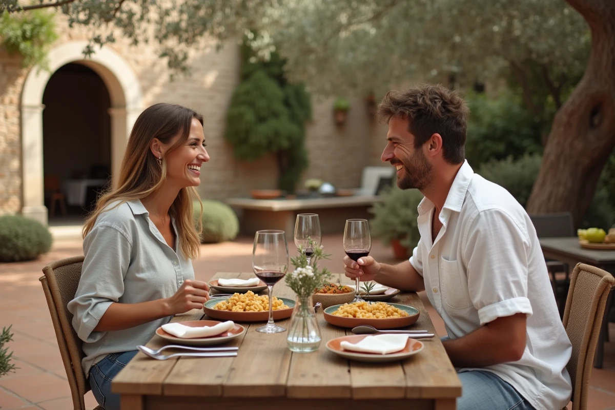 Couple de voyageurs partageant un repas traditionnel dans une masseria des Pouilles
