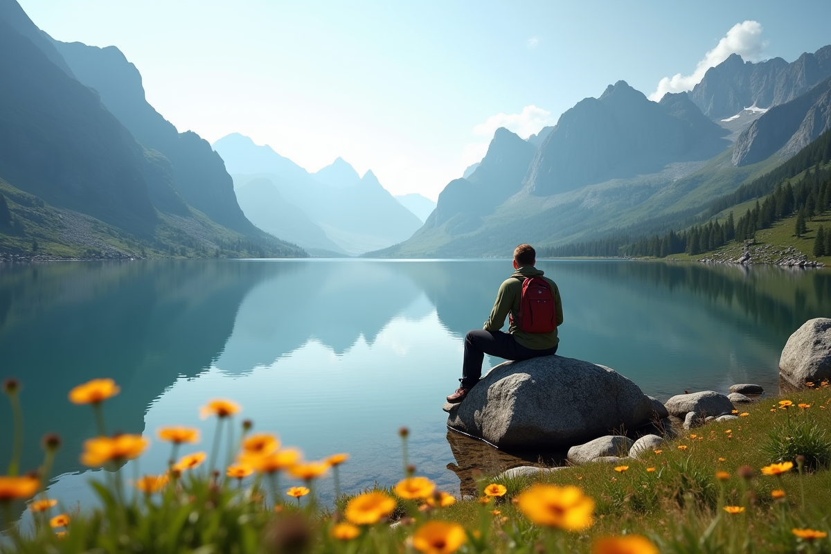 Randonneur reposant près d’un lac de montagne paisible