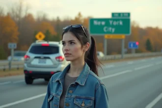Femme souriante à côté d'un SUV lors d'un arrêt sur la route entre Montréal et New York