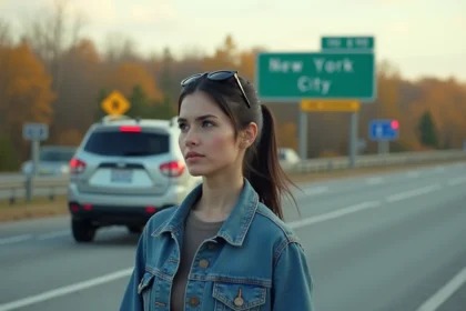 Femme souriante à côté d'un SUV lors d'un arrêt sur la route entre Montréal et New York