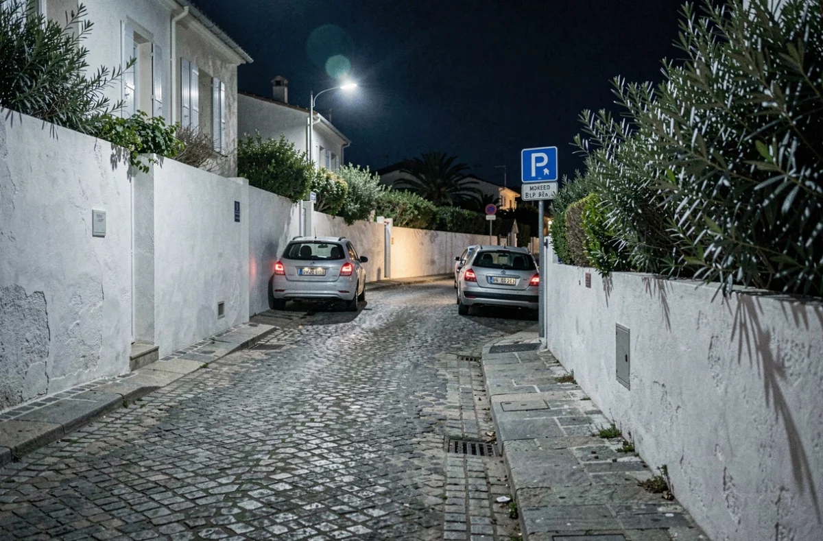 Rue calme de Porquerolles la nuit avec des voitures garées le long d'un chemin étroit et un panneau de stationnement visible
