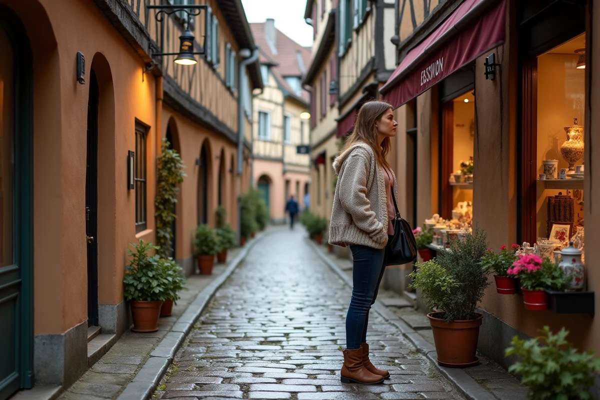 Ruelle médiévale de l'Altstadt de Spire avec maisons à colombages et voyageuse explorant les boutiques artisanales
