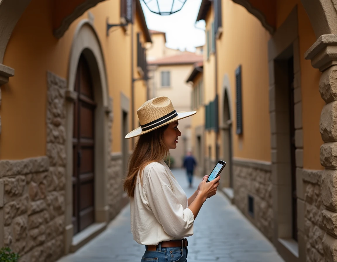 Femme consultant une carte interactive sur smartphone dans une ruelle historique du quartier Terzo di Città à Sienne