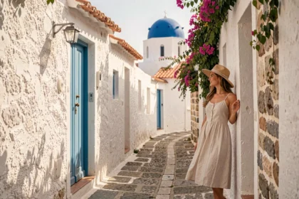 Ruelle blanchie à la chaux du village de Halki à Rhodes avec une femme en robe de lin devant une porte bleue et des bougainvilliers en fleurs