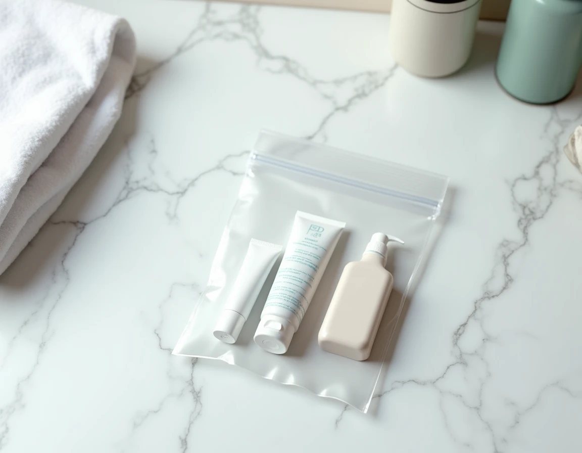 Flat lay d'un sac zip transparent avec dentifrice et liquides en format 100 ml pour bagage cabine avion