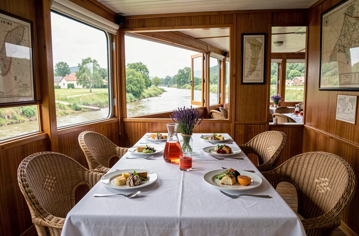 Salle à manger d'une péniche de croisière fluviale avec table dressée et vue panoramique sur les berges du canal en Occitanie