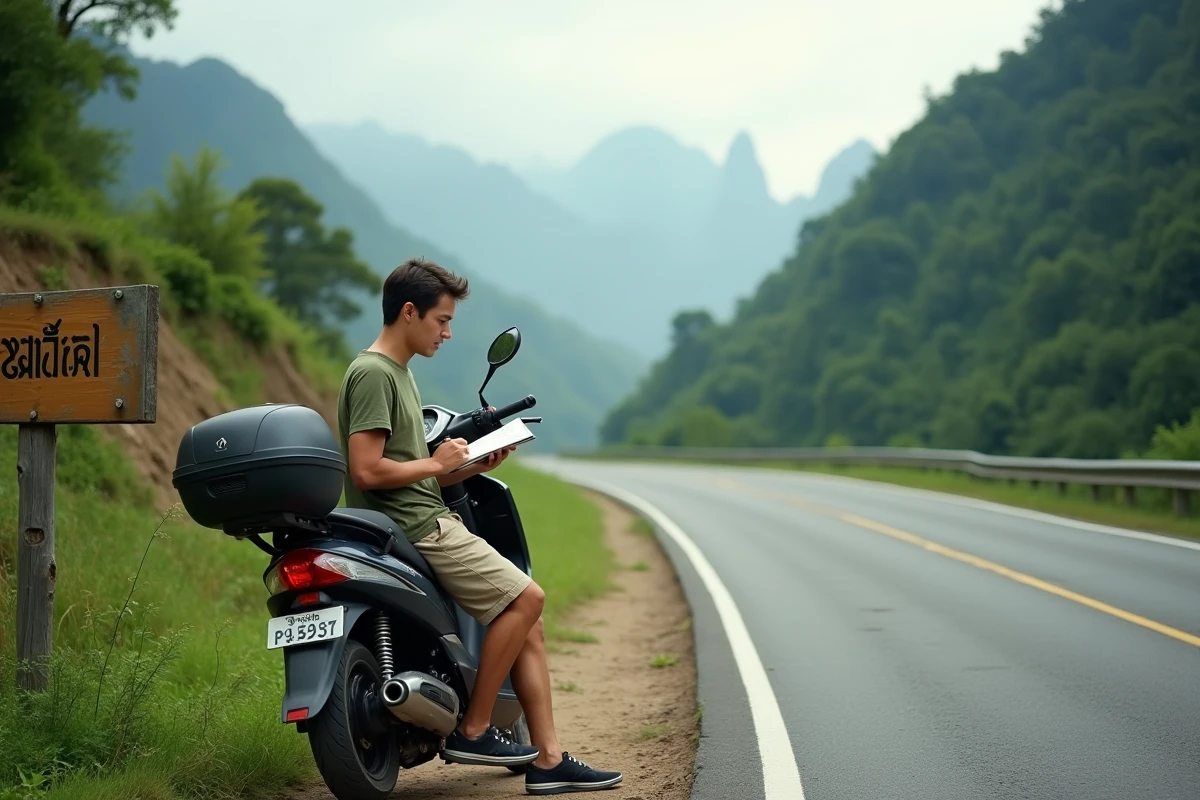 Voyageur à scooter sur une route de montagne en Thaïlande du Nord consultant son itinéraire de road trip