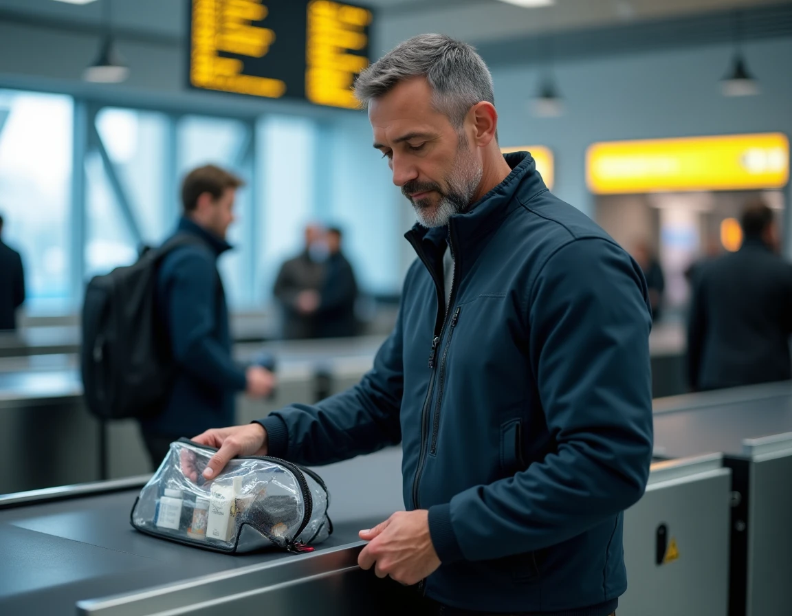 Homme à la sécurité d'un aéroport plaçant son sac de liquides avec dentifrice dans un bac de contrôle