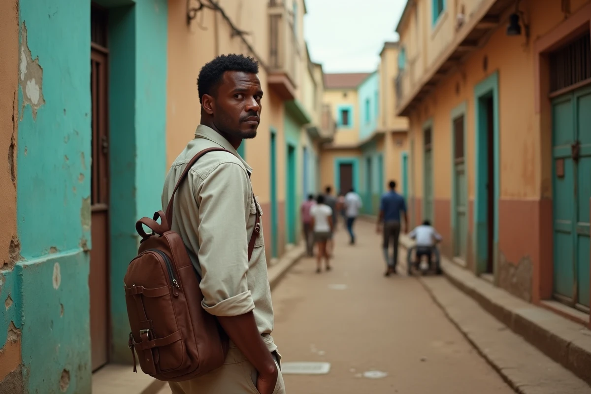 Voyageur prudent dans une ruelle de Stone Town à Zanzibar, illustrant les précautions de sécurité à prendre