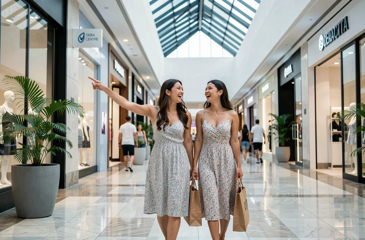 Deux femmes faisant du shopping dans le mall climatisé Deira City Centre à Dubaï, refuge contre la chaleur estivale